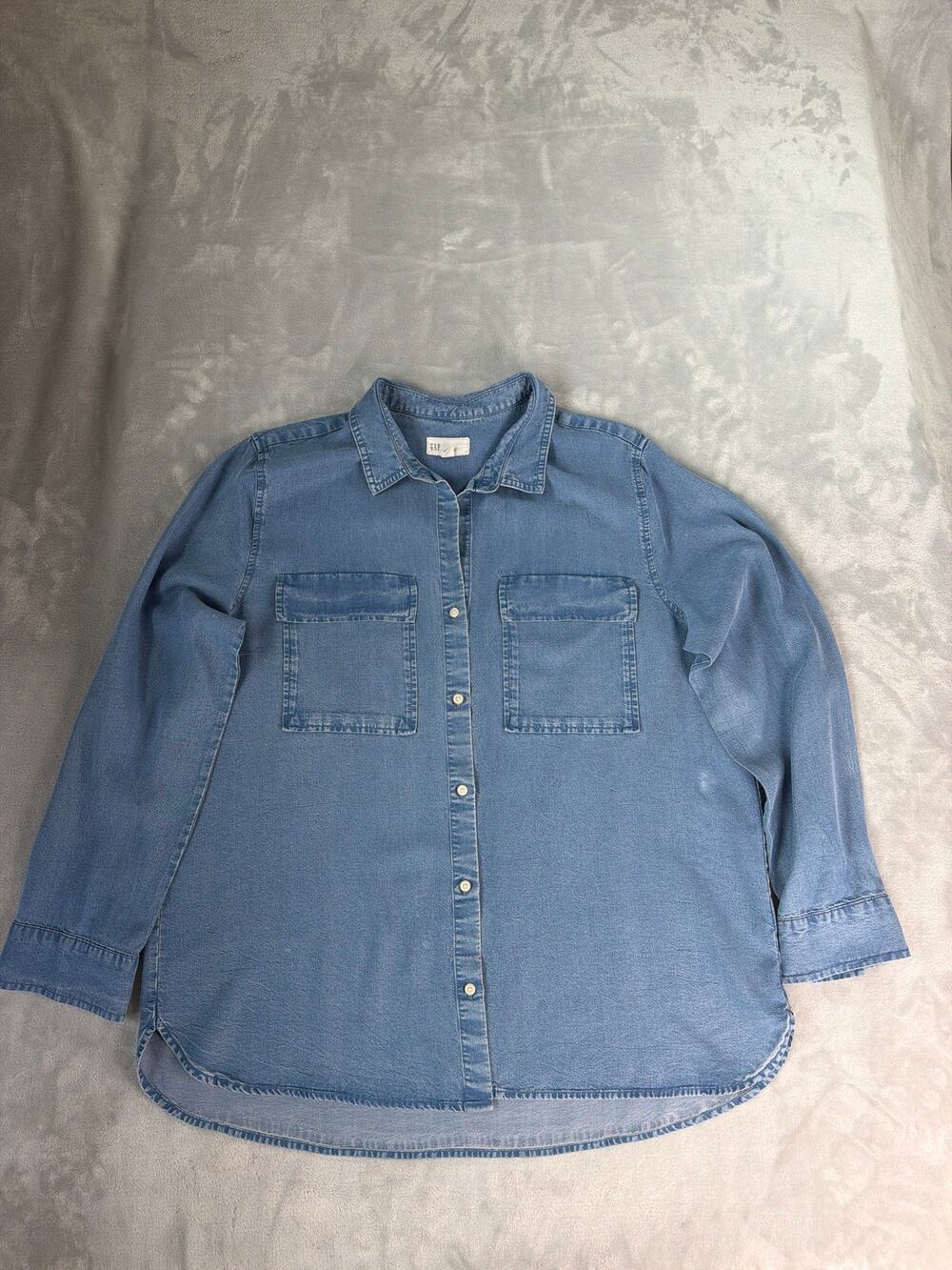 Gap Tencel Denim Utility Boyfriend Shirt Light Indigo Women's XL Double Pocket